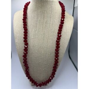 Deep Red Faceted Glass Bead Necklace Silver Tone Toggle Clasp Statement Jewelry